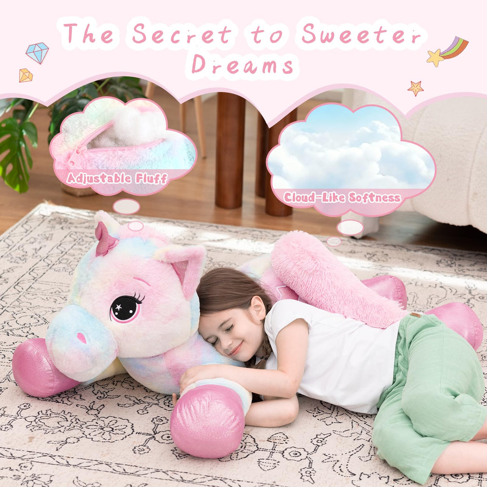 Muiteiur unicorn plush features big embroidered glitter eyes for charm.