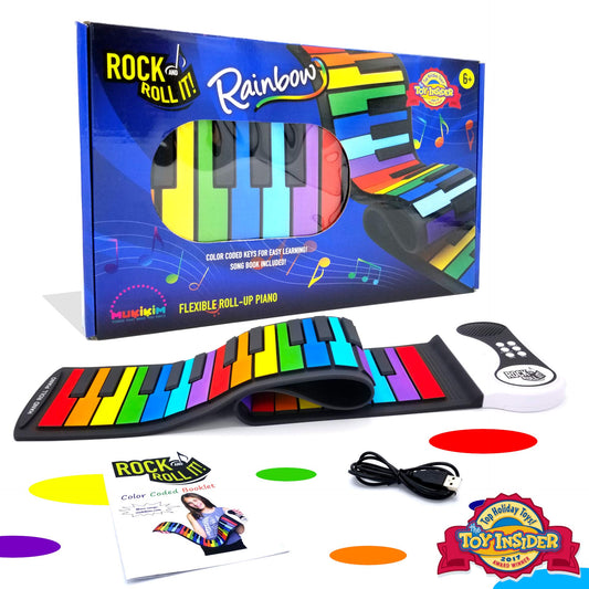 MUKIKIM Rock and Roll It open keyboard with rainbow keys for playful color-guided learning.
