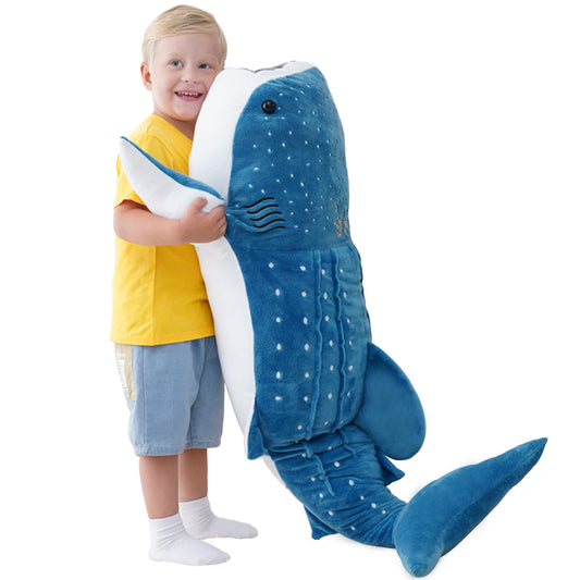 Mukouxun 39-inch whale shark plush face shows soft fabric for cozy play.