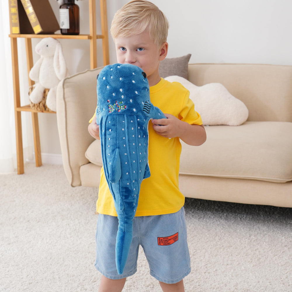 Mukouxun whale shark plush soft fabric close-up, ideal for bedtime squeezes.