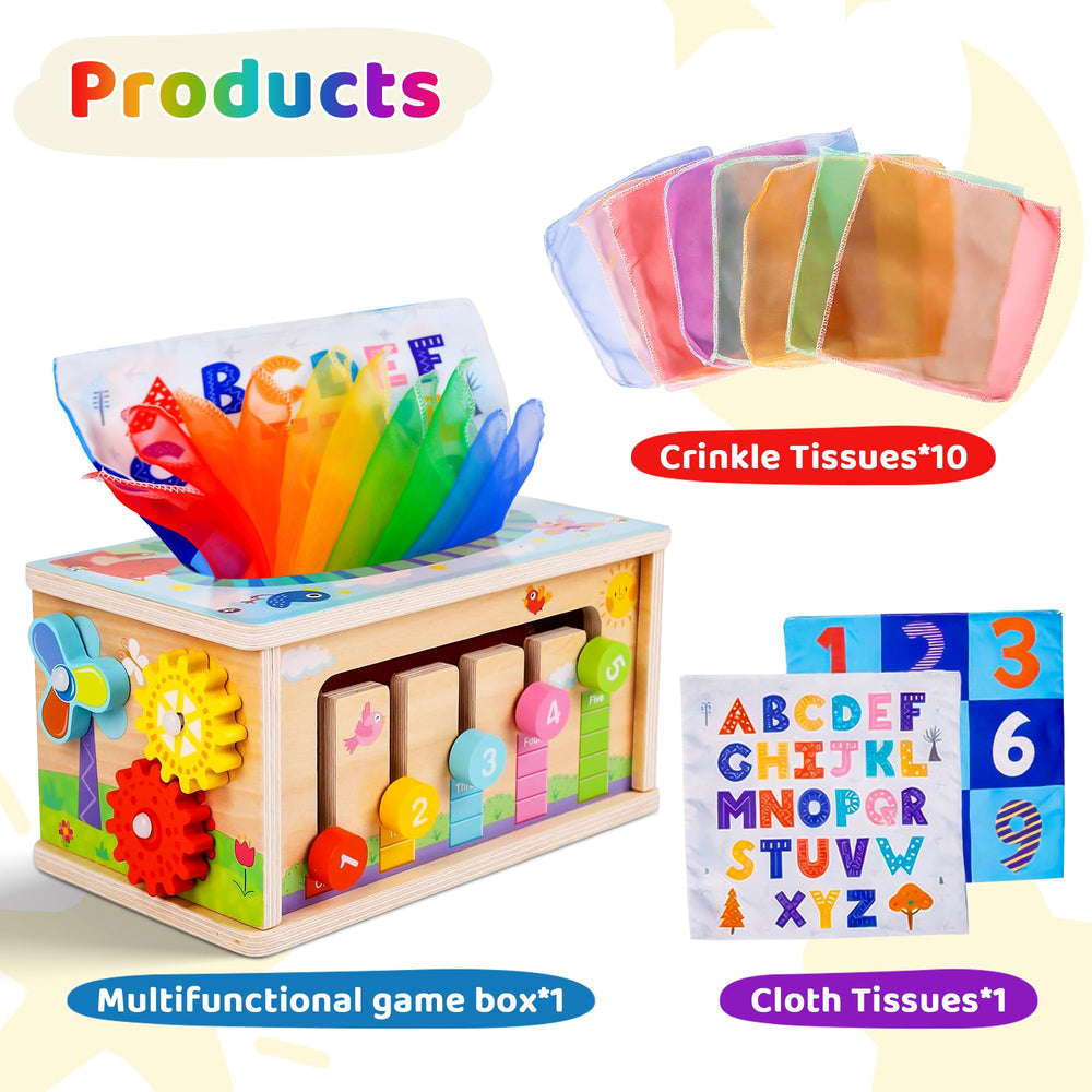 Mummed wooden tissue box enables carrot pull, boosting fine motor control and sensory engagement.