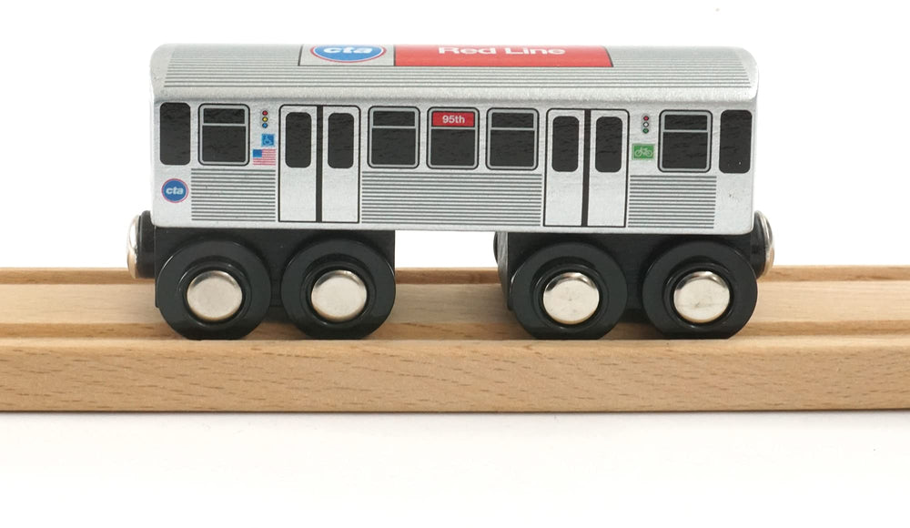 MUNI PALS CTA Red Line wooden train, front view highlighting durable construction.
