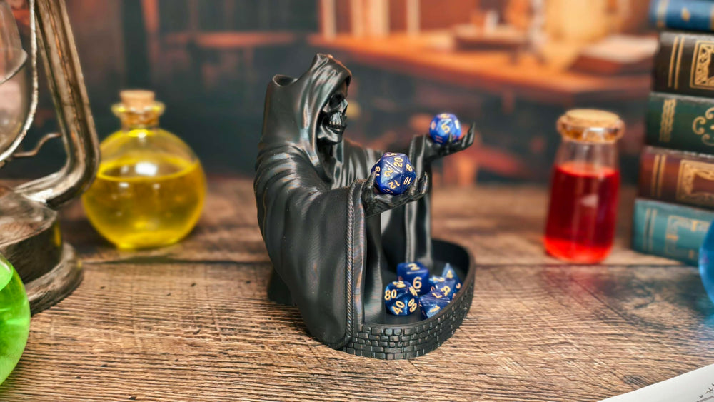 MunnyGrubbers Grim Reaper dice tower landing tray holds up to five dice for quick results.