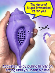 Close-up of the lavender shell showing the quirky sound chip inside.