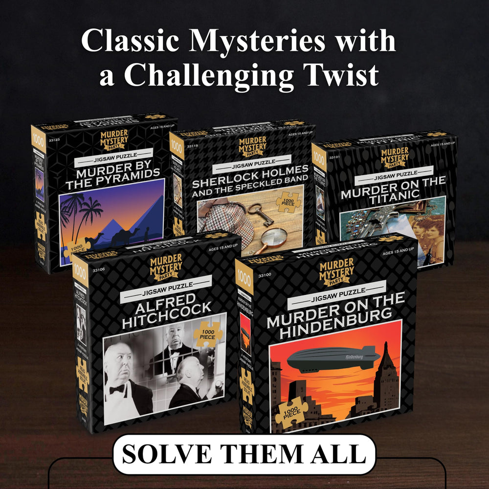Murder Mystery Party 1000-piece puzzle in vibrant orange sparks collection potential.