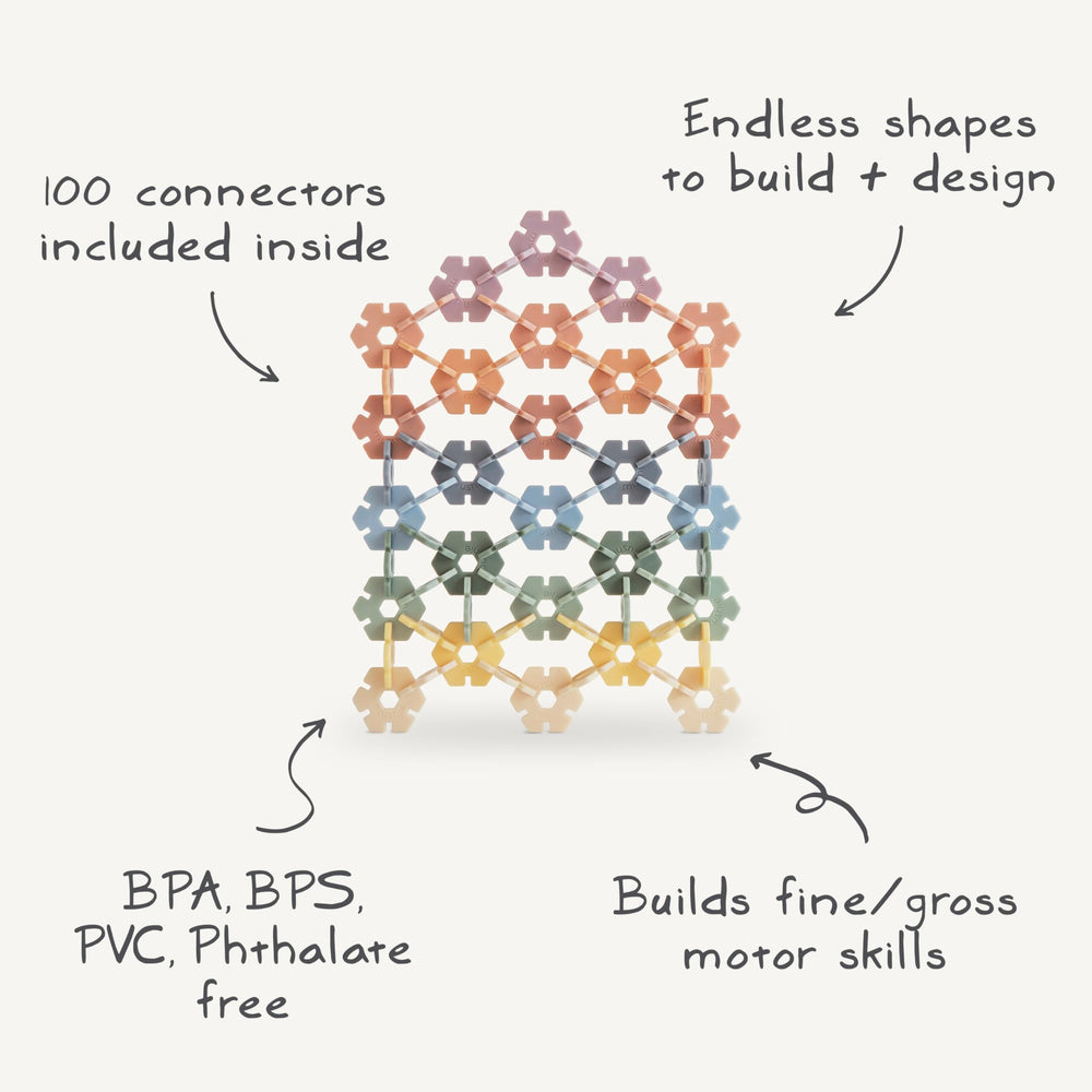 Mushie HEX Connect assembly pieces encourage planning and collaborative play.