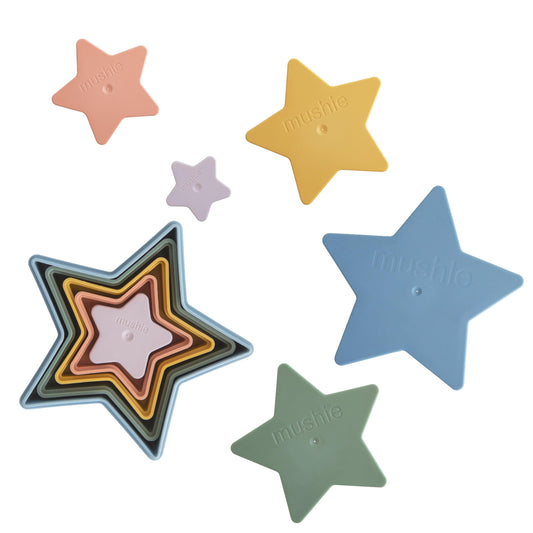 Mushie Nesting Stars five-piece set for stacking and motor play