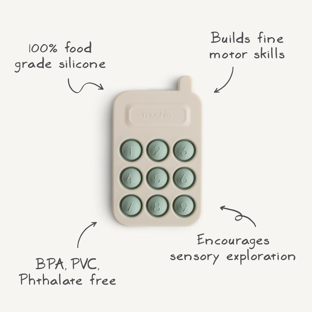 Mushie Phone Press Toy Cambridge Blue travel-ready design for outings.