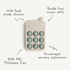 Mushie Phone Press Toy Cambridge Blue travel-ready design for outings.