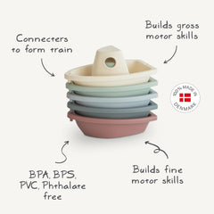 Mushie stackable boats elevate everyday bath time adventures.