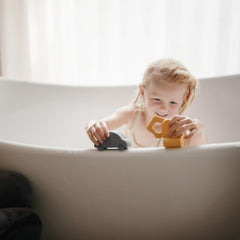 Mushie opened-assembly bath toy: easy disassembly enables fast drying.