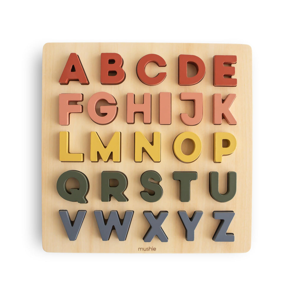 Mushie wooden alphabet puzzle front view for early literacy exploration.