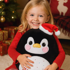 Mushymallow penguin decorative pillow on table or sofa.