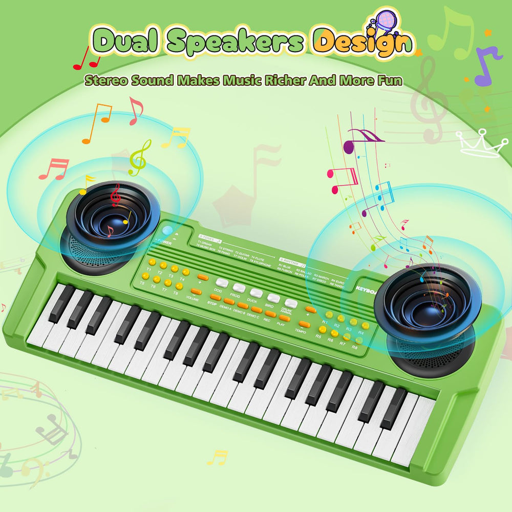 MusicForset 37-key green keyboard in action, encourages creative musical play.