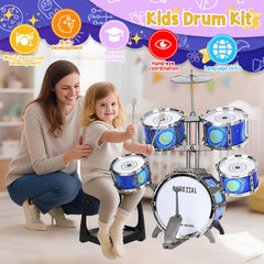 MusicForset kids drum set assembly guide image, simple setup video link eases parent-child creation.