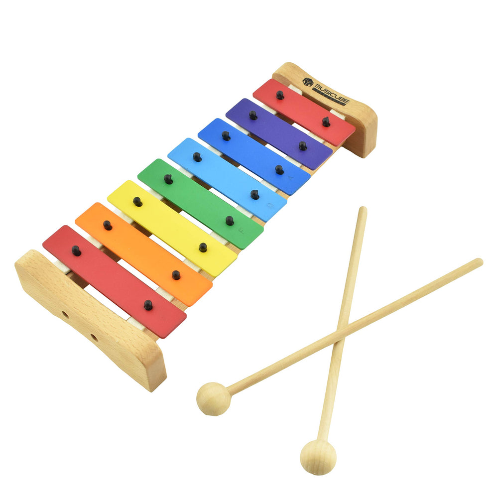 MusicCube xylophone with harmonica for kids on wooden base offering tactile, safe play.