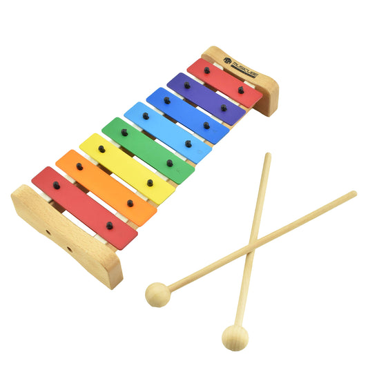 MusicCube xylophone with harmonica for kids on wooden base offering tactile, safe play.