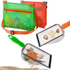 MUYIZI beach mesh shovel in orange and green filters sand to find shells.