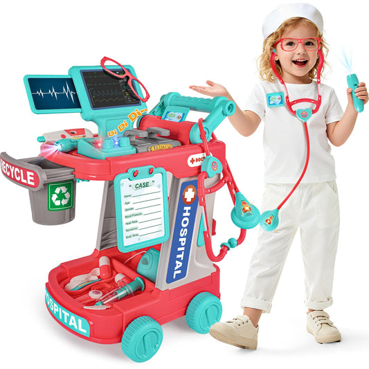 MUZREES doctor kit station trolley for immersive pretend play and organized role-play sessions