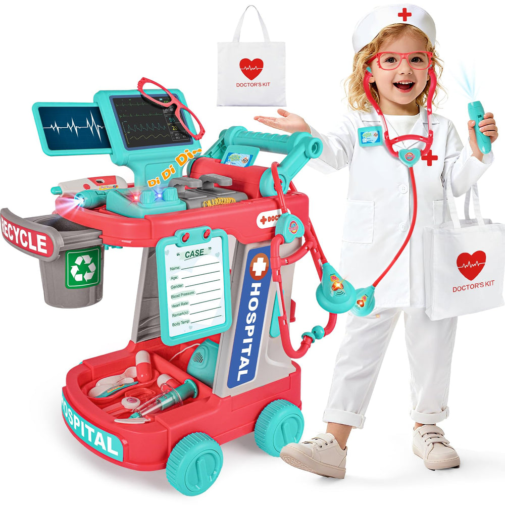 MUZREES upgraded doctor playset pink cart encourages imaginative role play and social learning.