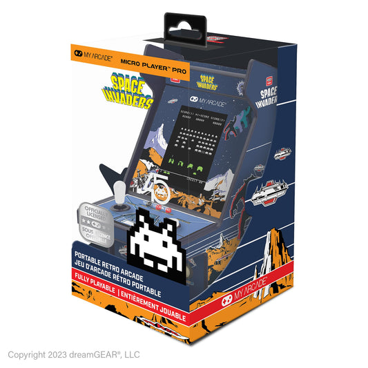 My Arcade Space Invaders Micro Player Pro front view, compact retro cabinet for desks.
