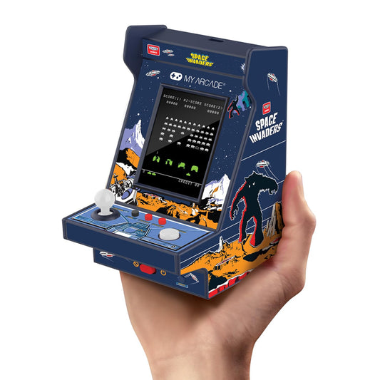 My Arcade Space Invaders Nano Player front view, compact retro cabinet for on-the-go gaming.