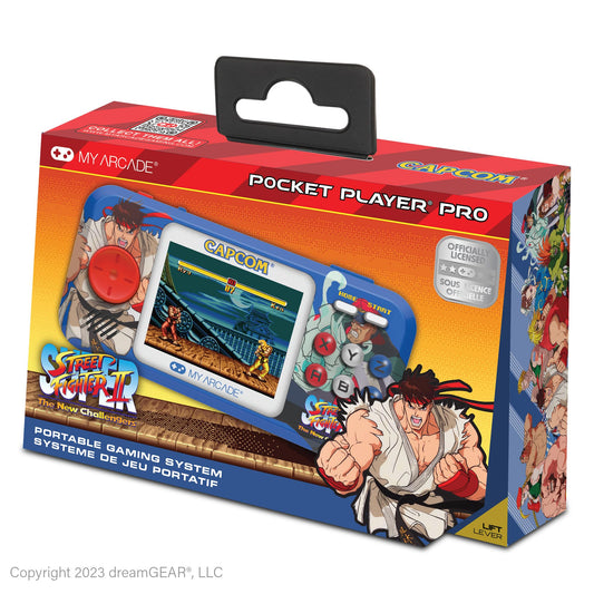 My Arcade Street Fighter II Pocket Pro front view showing 2-in-1 gameplay on a compact screen.