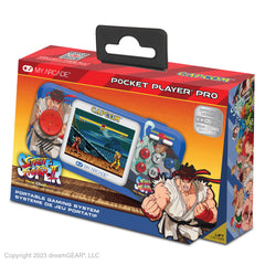 My Arcade Street Fighter II Pocket Pro front view showing 2-in-1 gameplay on a compact screen.