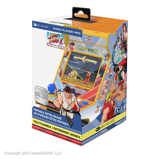 My Arcade Super Street Fighter II Nano Player Pro front view, compact retro handheld for on the go play