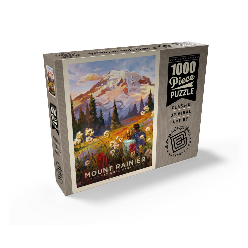 MyPuzzle Mount Rainier Meadow 1000-piece puzzle spread shows vibrant, collectible artwork.