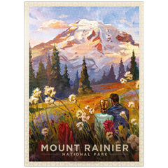 MyPuzzle Mount Rainier Meadow poster inside box highlights premium packaging for gifting.
