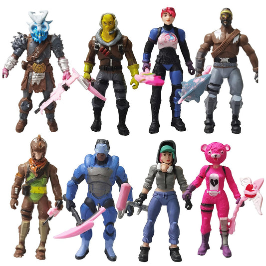 Myatou 8-piece video game figurines set displayed together on a shelf for cohesive display