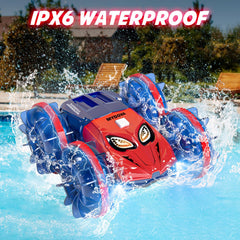 MYDOVA 4WD RC car performs a 360-degree spin for dramatic stunts.