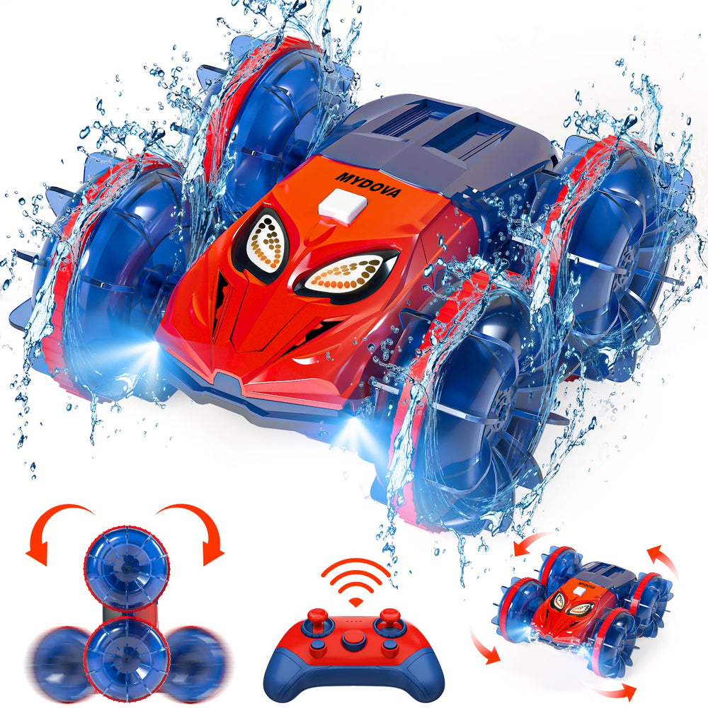 MYDOVA 4WD RC car front view shows waterproof body for poolside adventures.
