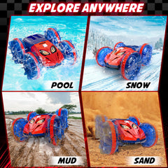 MYDOVA 4WD RC car side view highlights anti-slip tires for mud and sand.