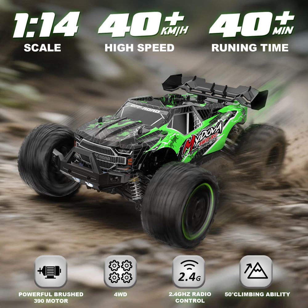 MYDOVA 4x4 off-road Truggy navigating grass and sand with strong grip.
