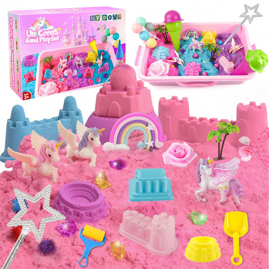 MYDOVA Unicorn Sensory Bin sandbox with rainbow sand for imaginative play and hands-on creativity.