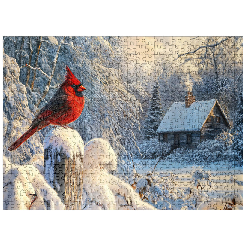 MyPuzzle cover image shows a vivid northern cardinal on snow for immersive, relaxing puzzle time.