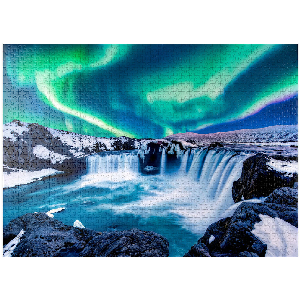 MyPuzzle Northern Lights over Godafoss Waterfall puzzle offers vivid colors for immersive puzzling.