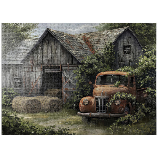 MyPuzzle Weathered Barn with Classic Rusty Truck puzzle image on table for family fun