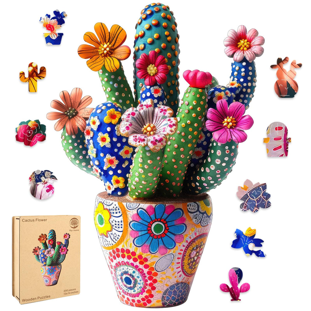 Mys Aurora cactus flower wooden puzzle pieces in vibrant colors for adults.
