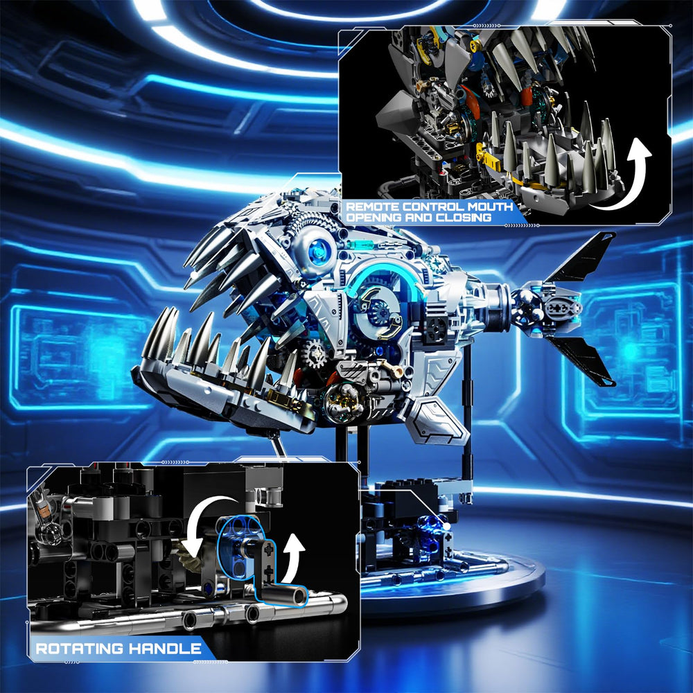 Myth Qholve piranha exposed-gears reveal inner mechanics for hands-on learning.