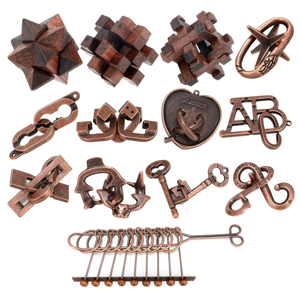 Mytothfy 13-piece brain teaser set in metal and wood for focused problem solving.