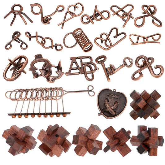 Mytothfy 24-pcs brain teaser puzzles, wood and metal, for hands-on brain exercise.