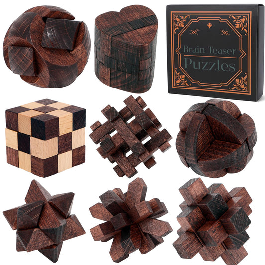 Mytothfy 8-piece brain teaser wooden set for focused problem solving.