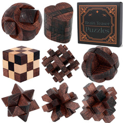 Mytothfy 8-piece brain teaser wooden set for focused problem solving.