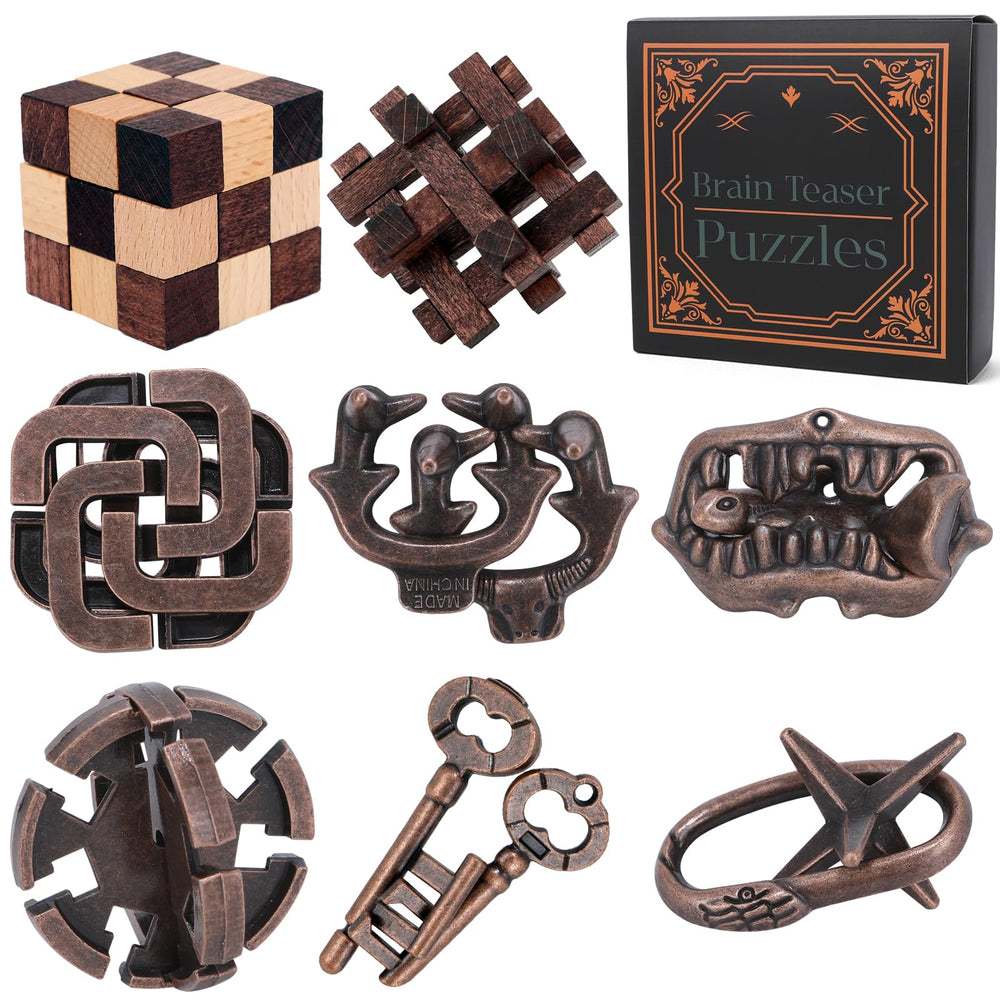 Mytothfy wooden brain teaser eight pieces for focus and cognitive challenge.