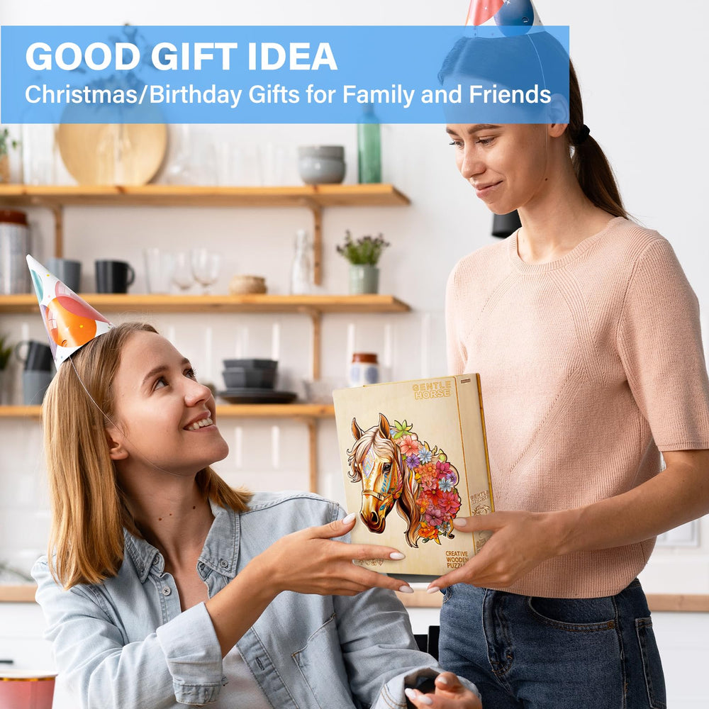 NABYSHOP wooden horse puzzle packaging and contents.