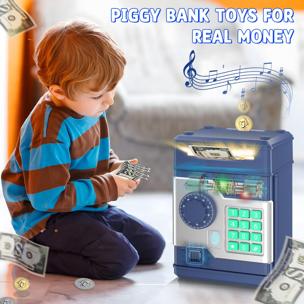 NAFEIV Kids Piggy Bank navy top view emphasizing easy access for deposits.