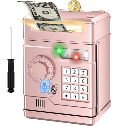 NAFEIV Kids Piggy Bank rose gold coin slot for easy saving.